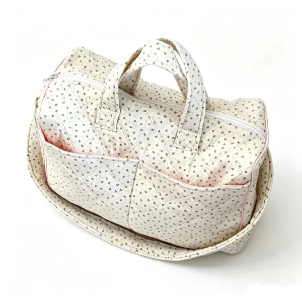 FloralQuilt Ditsy Floral Quilted Weekender Bag, Cotton Travel Duffel with Pink Piping and Shoulder Strap