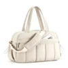CloudQuilt Cream Quilted Nylon Boston Bag, Women's Puffer Weekender Travel Handbag with Detachable Strap