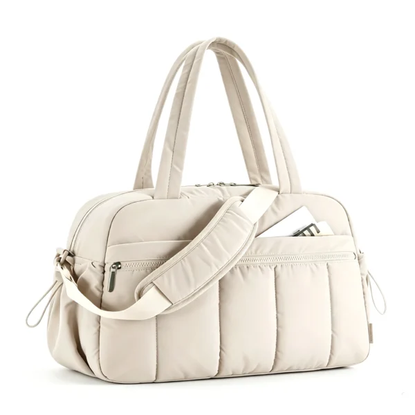 CloudQuilt Cream Quilted Nylon Boston Bag, Women's Puffer Weekender Travel Handbag with Detachable Strap