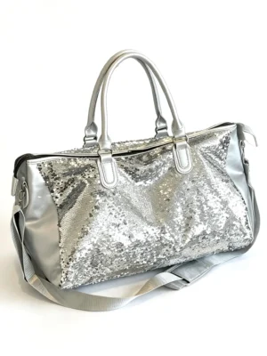 SparkleDuffel Silver Sequin Weekender Travel Bag, Glitter Gym Duffel with Removable Shoulder Strap