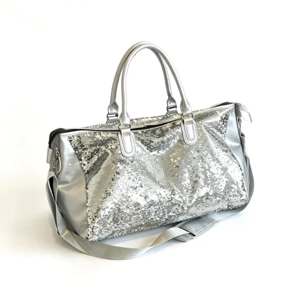 duffel bag 11 SparkleDuffel Silver Sequin Weekender Travel Bag, Glitter Gym Duffel with Removable Shoulder Strap