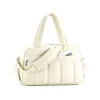 CloudQuilt Cream Quilted Nylon Boston Bag, Women's Puffer Weekender Travel Handbag with Detachable Strap
