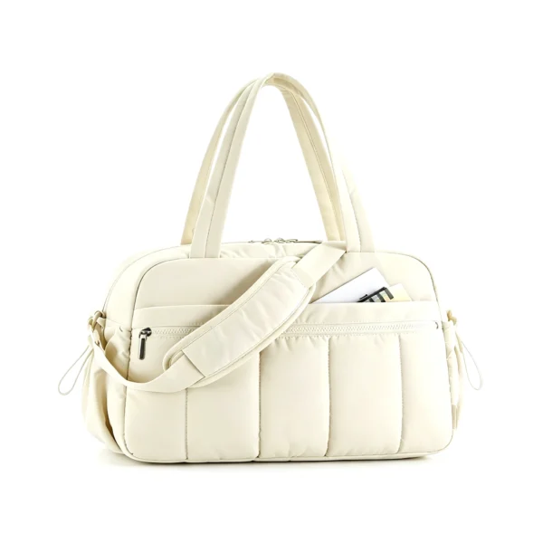 CloudQuilt Cream Quilted Nylon Boston Bag, Women's Puffer Weekender Travel Handbag with Detachable Strap