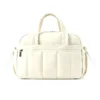CloudQuilt Cream Quilted Nylon Boston Bag, Women's Puffer Weekender Travel Handbag with Detachable Strap