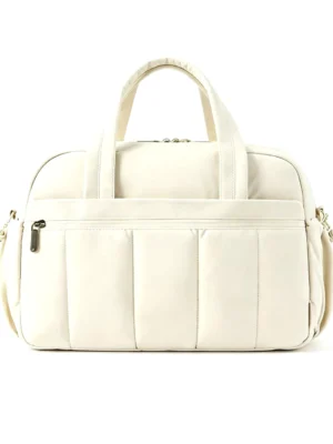 CloudQuilt Cream Quilted Nylon Boston Bag, Women's Puffer Weekender Travel Handbag with Detachable Strap