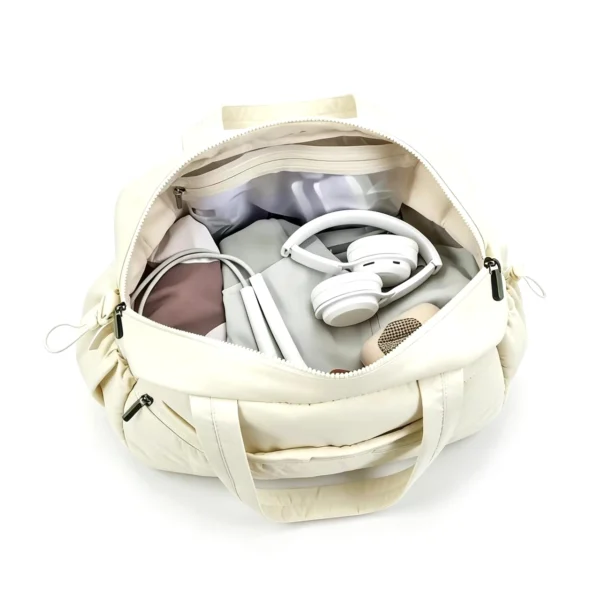 duffel bag 4 AvenueBoston Textured Boston Bag with Leather Flap, Women's Weekender Duffel with Crossbody Strap, Ivory