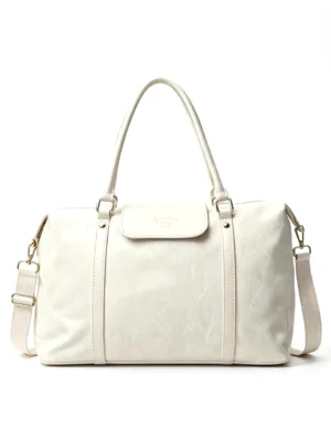 AvenueBoston Textured Boston Bag with Leather Flap, Women's Weekender Duffel with Crossbody Strap, Ivory
