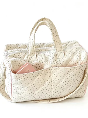 FloralQuilt Ditsy Floral Quilted Weekender Bag, Cotton Travel Duffel with Pink Piping and Shoulder Strap