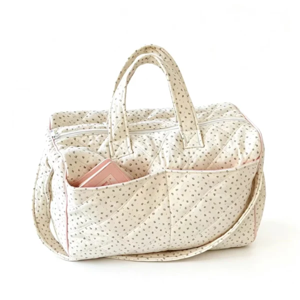 FloralQuilt Ditsy Floral Quilted Weekender Bag, Cotton Travel Duffel with Pink Piping and Shoulder Strap