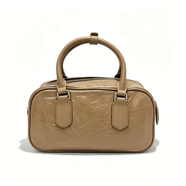 Women Crinkled Genuine Leather Boston Bag, Small Top Handle Bowling Handbag With Detachable Crossbody Strap