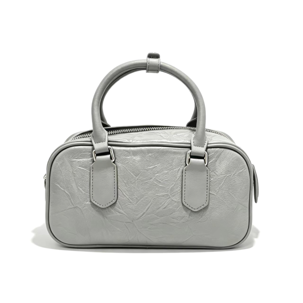 Women Crinkled Genuine Leather Boston Bag, Small Top Handle Bowling Handbag With Detachable Crossbody Strap