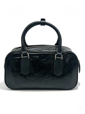 Women Crinkled Genuine Leather Boston Bag, Small Top Handle Bowling Handbag With Detachable Crossbody Strap