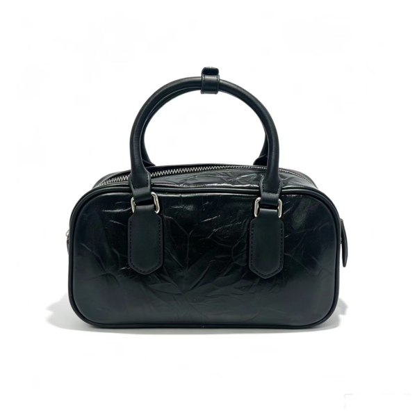 Women Crinkled Genuine Leather Boston Bag, Small Top Handle Bowling Handbag With Detachable Crossbody Strap