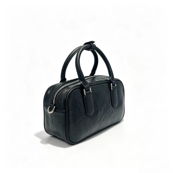 Women Crinkled Genuine Leather Boston Bag, Small Top Handle Bowling Handbag With Detachable Crossbody Strap