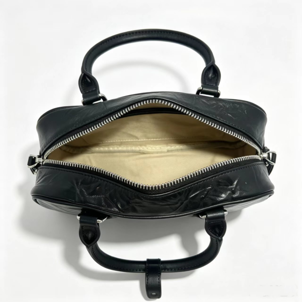 Women Crinkled Genuine Leather Boston Bag, Small Top Handle Bowling Handbag With Detachable Crossbody Strap