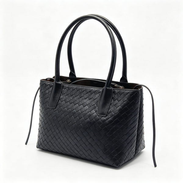 Women Black Woven PU Leather Tote Bag With Inner Pouch, Drawstring Shoulder Work Handbag