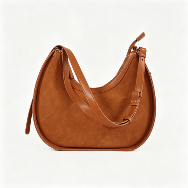 Brown Suede PU Crescent Hobo Bag Adjustable Strap Zip Closure Crossbody Shoulder Bag