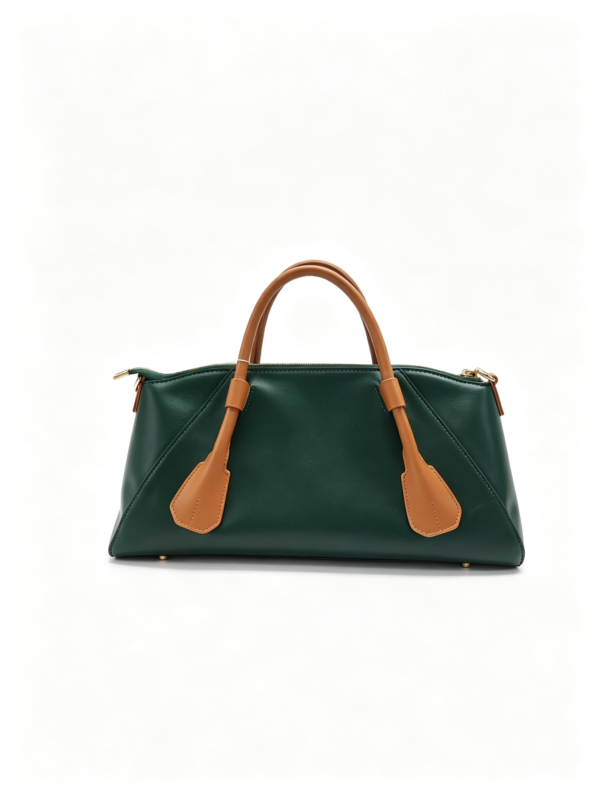 Women Two-Tone Green Brown Top Handle Satchel Bag Smooth Faux Leather Work Commuter Handbag