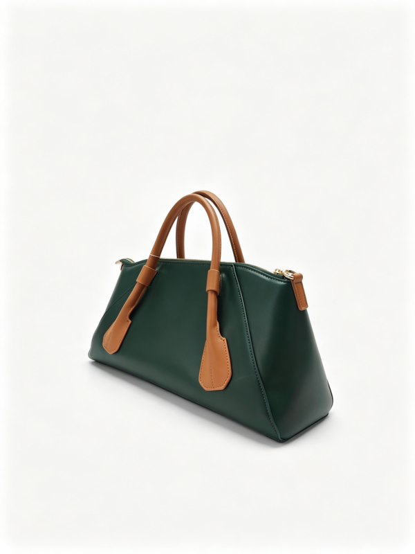 Women Two-Tone Green Brown Top Handle Satchel Bag Smooth Faux Leather Work Commuter Handbag