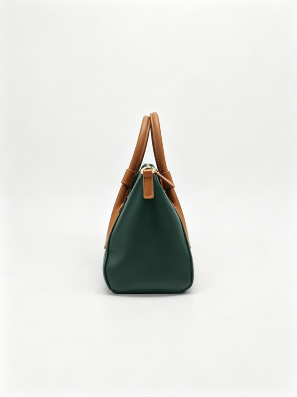 Women Two-Tone Green Brown Top Handle Satchel Bag Smooth Faux Leather Work Commuter Handbag