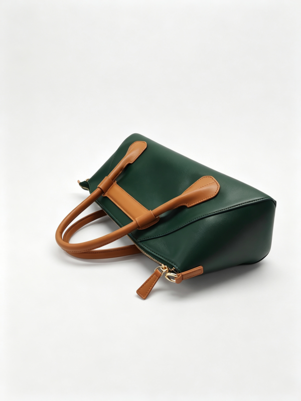 Women Two-Tone Green Brown Top Handle Satchel Bag Smooth Faux Leather Work Commuter Handbag