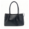 Women Black Woven PU Leather Tote Bag With Inner Pouch, Drawstring Shoulder Work Handbag
