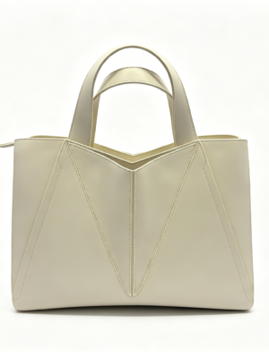 Geometric Stitch White Tote Bag Smooth PU Leather Top Handle Work Handbag With Detachable Strap