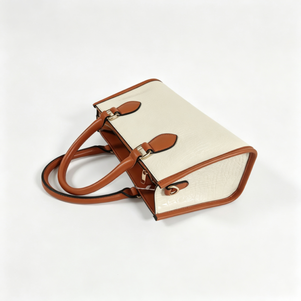 Women Crocodile Pattern PU Leather Top Handle Bag Two-Tone White Brown Structured Crossbody Handbag