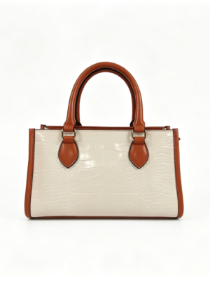 Women Crocodile Pattern PU Leather Top Handle Bag Two-Tone White Brown Structured Crossbody Handbag