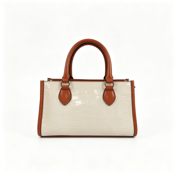 Women Crocodile Pattern PU Leather Top Handle Bag Two-Tone White Brown Structured Crossbody Handbag