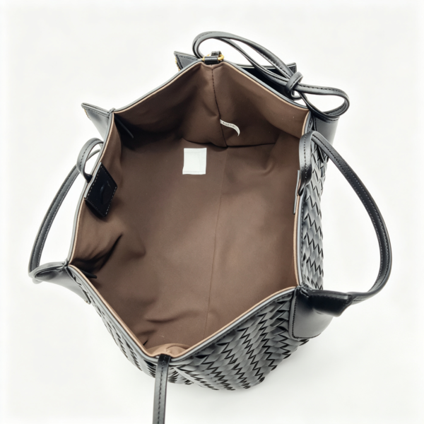 Women Black Woven PU Leather Tote Bag With Inner Pouch, Drawstring Shoulder Work Handbag