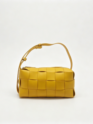 Woven Grid Genuine Leather Shoulder Bag Adjustable Wide Strap Underarm Crossbody Handbag