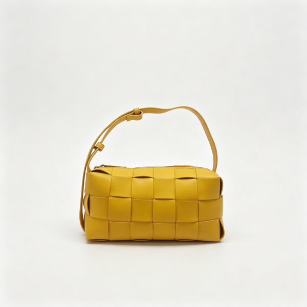 Woven Grid Genuine Leather Shoulder Bag Adjustable Wide Strap Underarm Crossbody Handbag