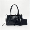 Women Black Woven PU Leather Tote Bag With Inner Pouch, Drawstring Shoulder Work Handbag
