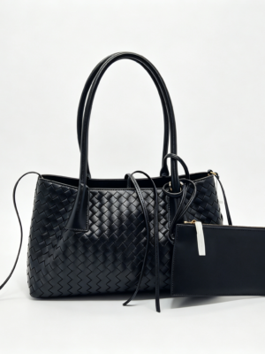 Women Black Woven PU Leather Tote Bag With Inner Pouch, Drawstring Shoulder Work Handbag