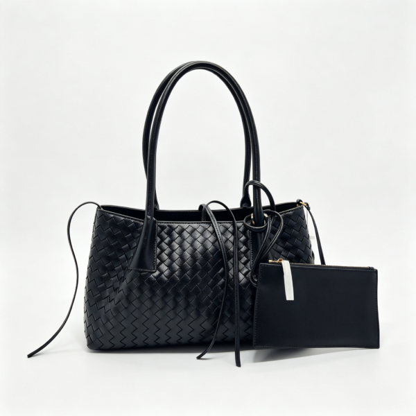 Women Black Woven PU Leather Tote Bag With Inner Pouch, Drawstring Shoulder Work Handbag