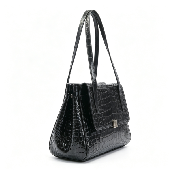 Women Crocodile Grain Top Grain Leather 2-in-1 Shoulder Tote Bag Black Flap Satchel Handbag Set