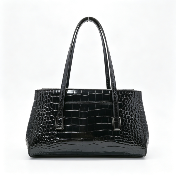 Women Crocodile Grain Top Grain Leather 2-in-1 Shoulder Tote Bag Black Flap Satchel Handbag Set