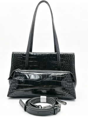 Women Crocodile Grain Top Grain Leather 2-in-1 Shoulder Tote Bag Black Flap Satchel Handbag Set