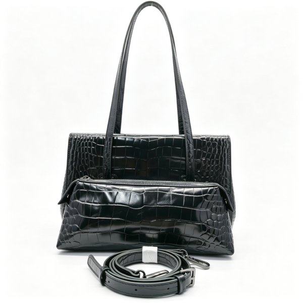 Women Crocodile Grain Top Grain Leather 2-in-1 Shoulder Tote Bag Black Flap Satchel Handbag Set