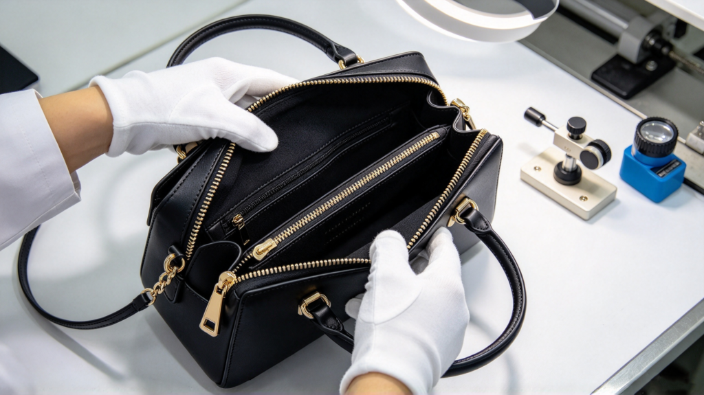 handbag factory QC inspection custom handbag hardware details